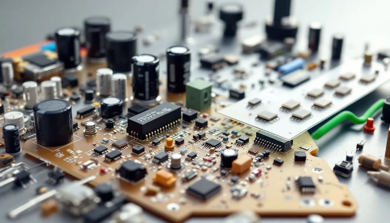 Leiterplatte mit Lumirror-PET-Folie isoliert Das Bild zeigt eine Vielzahl von elektronischen Bauteilen und Leiterplatten, die mit hochwertiger PET-Folie, insbesondere Lumirror Polyesterfolie, isoliert sind. Diese Folien sind für ihre Festigkeit und Dimensionsstabilität bekannt und finden in verschiedenen Anwendungen in der Elektronikindustrie Verwendung.