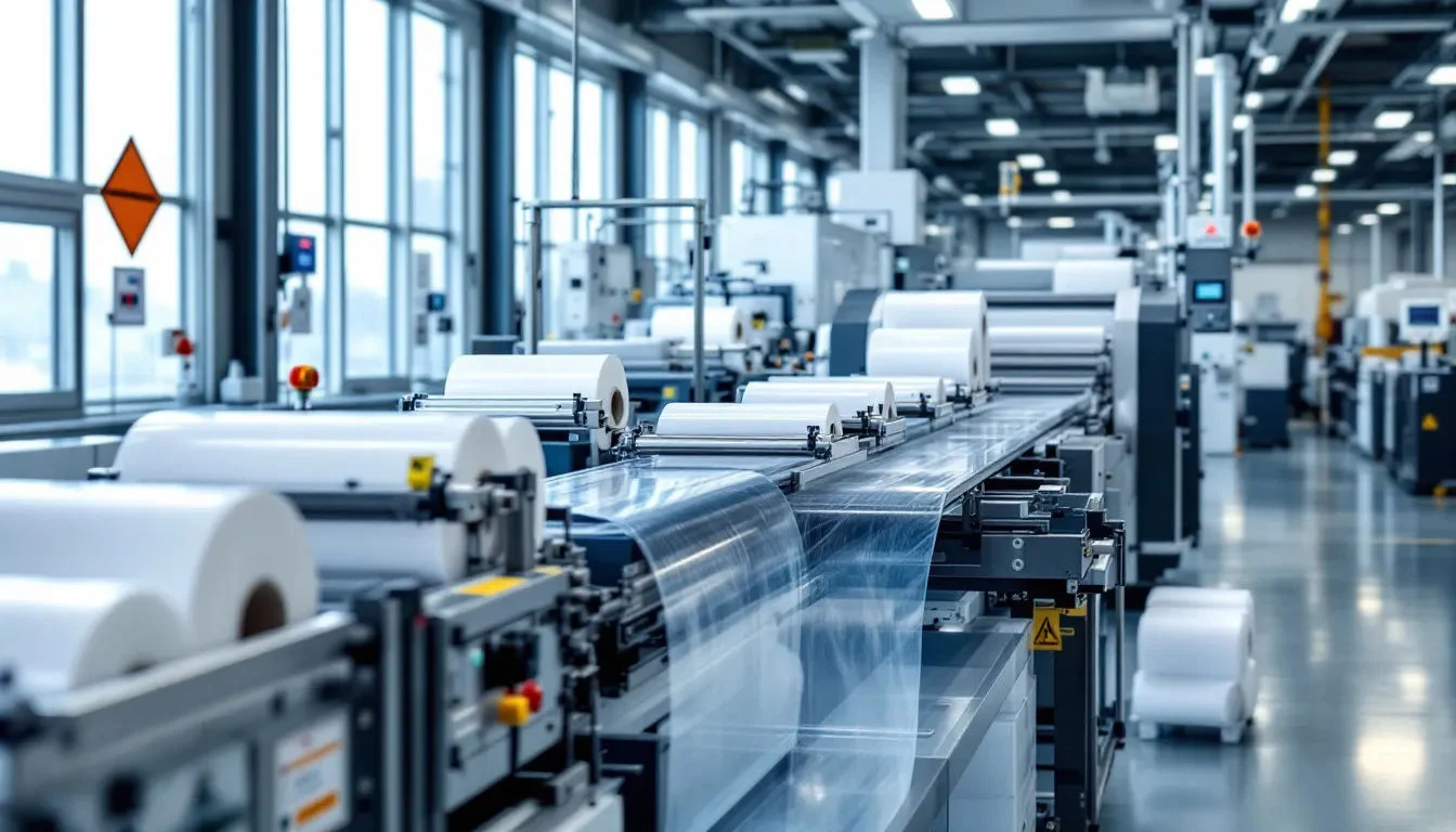 Die industrielle Produktionsanlage zeigt moderne Extrusionsmaschinen, die hochwertige PET-Folien, darunter Lumirror Polyesterfolie, herstellen. Diese Maschinen sind für die Verarbeitung von Materialien in verschiedenen Dicken und Anwendungen, wie Etiketten und Verpackungsfolien, ausgelegt.