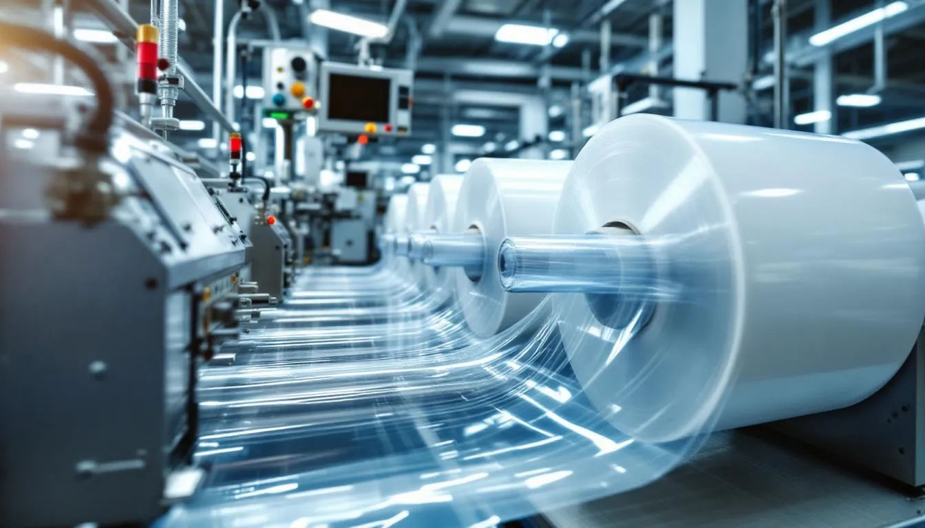 OPP Film Oriented Polypropylene The industrial production facility shows rolls of transparent plastic film made from oriented polypropylene (OPP). These OPP films are used for various packaging solutions, especially in the food industry, and offer high quality and excellent processing properties.