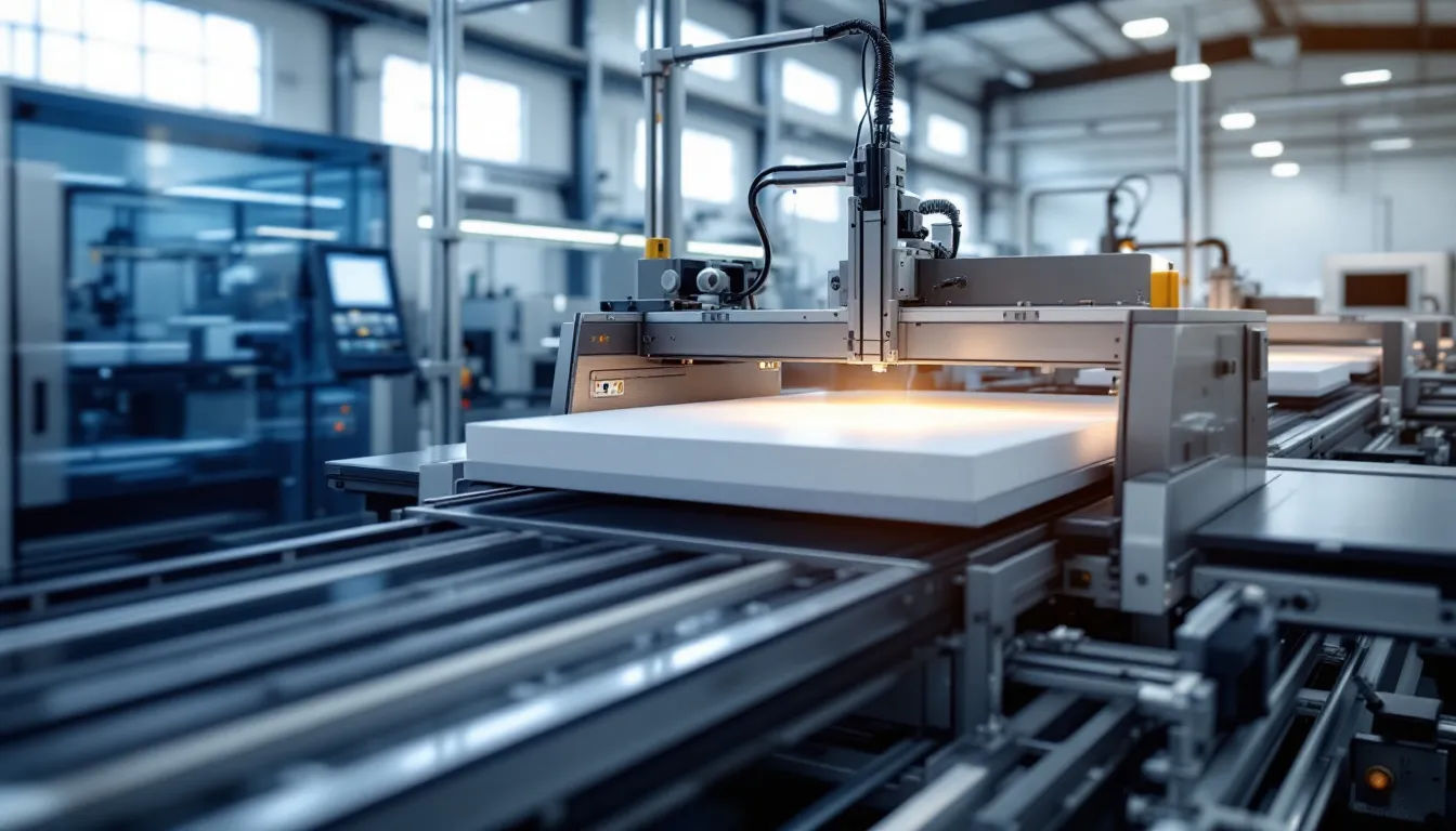 moderne Produktionsanlage zur Konfektionierung von PET-Folien Die Abbildung zeigt eine moderne Produktionsanlage zur Konfektionierung von PET-Folien, ausgestattet mit Präzisionsschneidemaschinen, die für die Herstellung von Lumirror Polyesterfolie genutzt werden. Die Anlage ist auf die Verarbeitung verschiedener Dicken und Anwendungen spezialisiert und bietet Informationen über die Festigkeit und Beständigkeit der Folien.