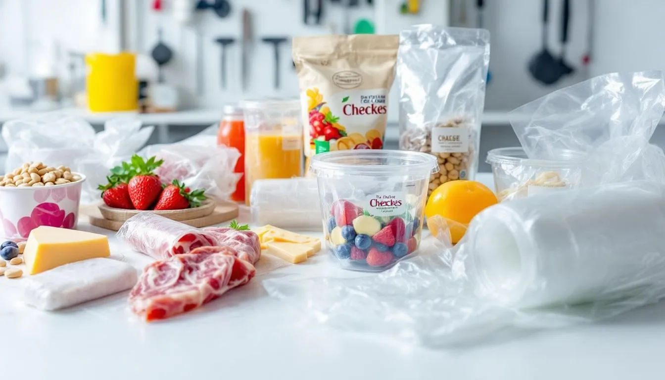 The illustration shows various applications of PET film in the packaging industry, especially for food and consumer goods. Various products are shown that are equipped with polyester films, known for their barrier properties and temperature resistance. 