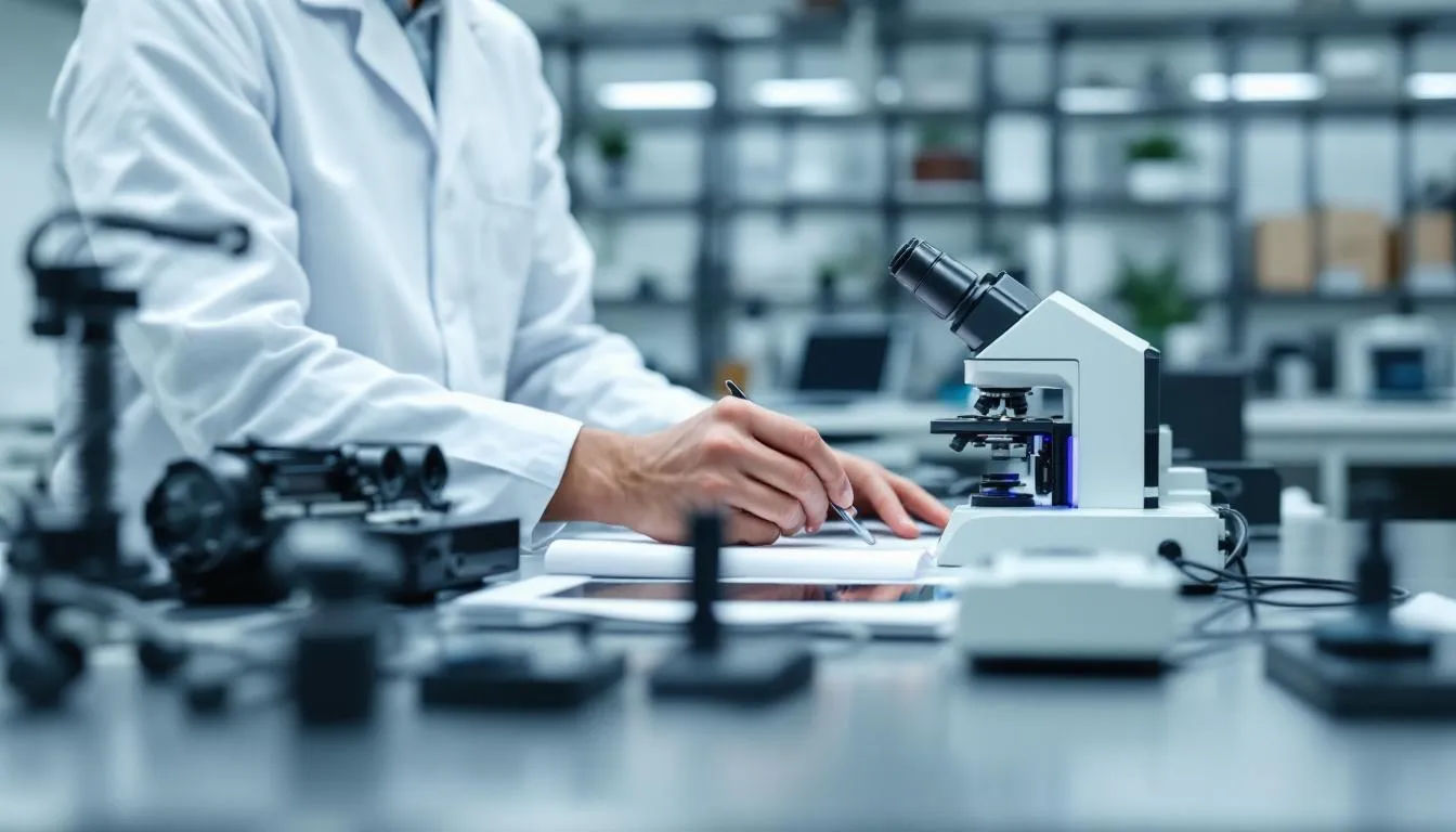 In the image, a lab technician carefully tests the properties of various polyester films, especially Hostaphan film, with precision instruments. The setup includes devices for measuring factors such as barrier properties and temperature resistance of the film made of polyethylene terephthalate (PET) under controlled conditions. 