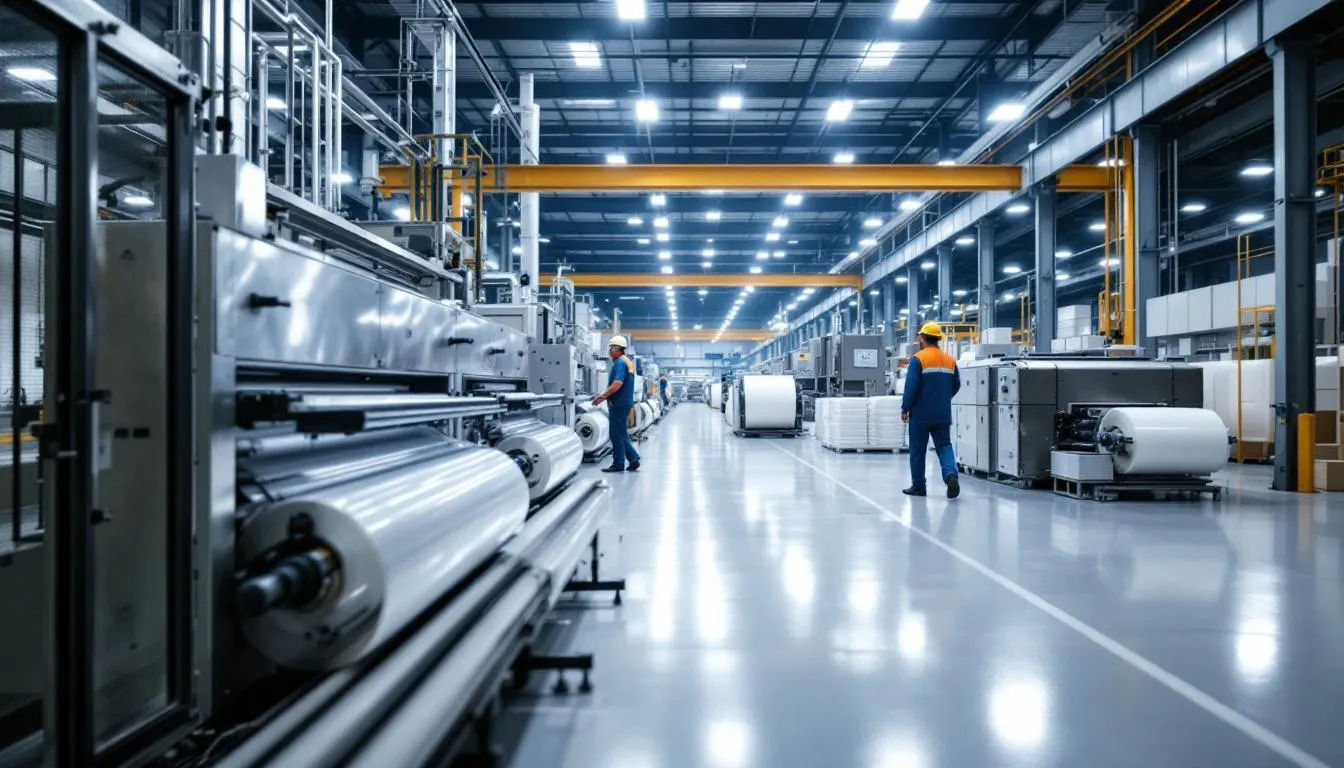 The image shows a large industrial production facility with modern PET film production lines, specially developed for the manufacture of high-quality polyester films. The machines illustrate the complex processes involved in producing film from polyethylene terephthalate (PET) and emphasize its barrier properties and durability for various applications. 