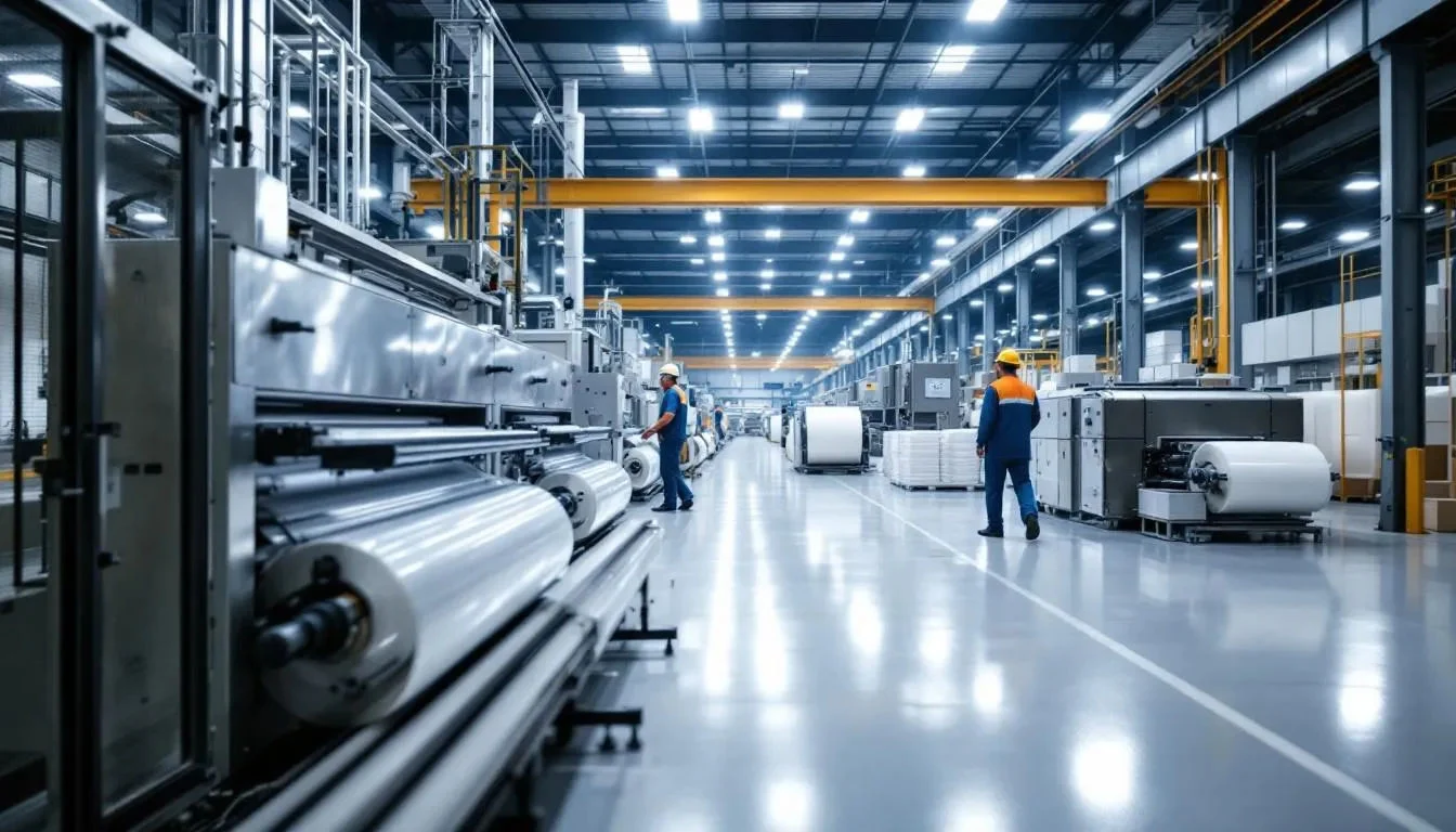 Das Bild zeigt industrielle Maschinen zur Folienverarbeitung in einer modernen Produktionshalle, wo verschiedene Arten von Polyesterfolien, wie Melinex und PET-Folie, verarbeitet werden. Die Maschinen sind darauf ausgelegt, Folien in unterschiedlichen Dicken und Formaten herzustellen, die für eine Vielzahl von Anwendungen in der Möbelindustrie, im Gesundheitswesen und in der Verpackungsbranche eingesetzt werden.