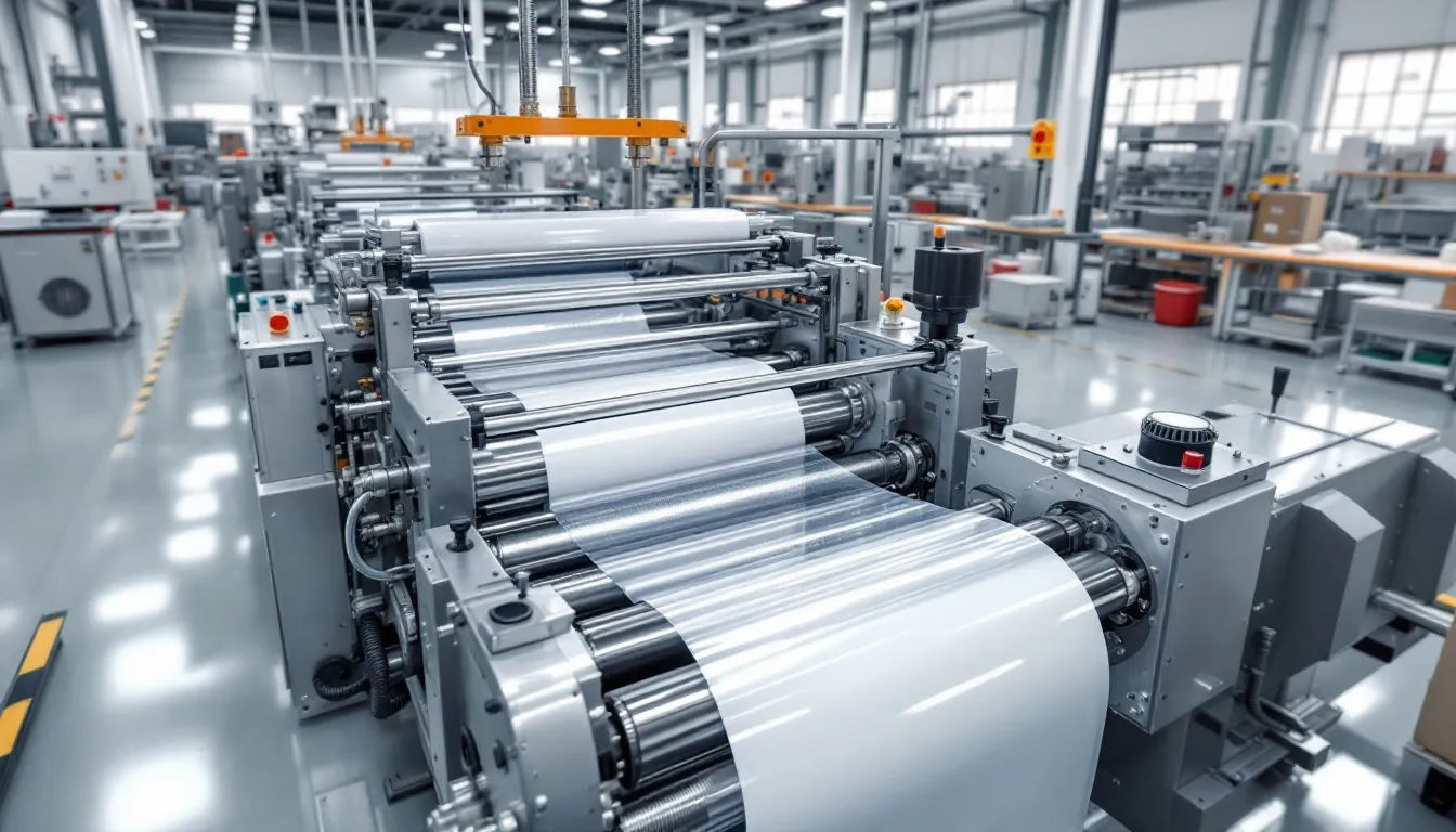 Maschine zur Herstellung von PEN Folie Die Maschine zur Herstellung von PEN Folie zeigt verschiedene Bauteile und Rollen, die für die Produktion von polyethylennaphthalat Folien verwendet werden. Sie ist darauf ausgelegt, den Anforderungen an Temperaturklasse F und mechanische Festigkeit gerecht zu werden, um hochwertige Folien für Anwendungen in der Elektrotechnik zu erzeugen.