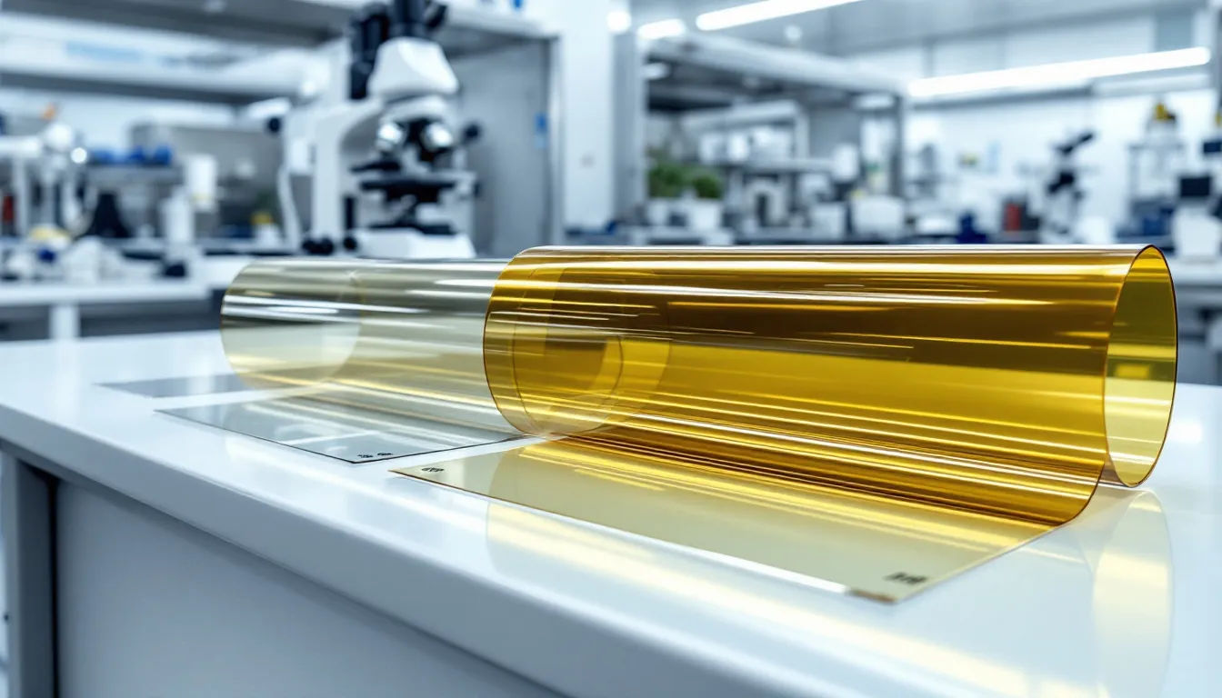 Nahaufnahme von transparenten Hochleistungsfolien Eine Nahaufnahme von transparenten Hochleistungsfolien, die in einer Laborumgebung angeordnet sind, zeigt die glatte Oberfläche und die mechanische Festigkeit dieser Kunststofffolien. Diese Polyethylennaphthalat Folien, bekannt für ihre Kälte- und Hitzebeständigkeit und UV-Beständigkeit, sind vielseitig einsetzbar in der Elektrotechnik und anderen Anwendungen.