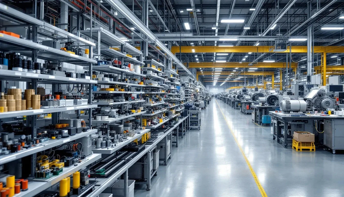 In einer Produktionshalle sind präzise Elektrokomponenten und Motoren zu sehen, die auf einem Arbeitstisch angeordnet sind. Die Umgebung ist gut beleuchtet und zeigt verschiedene Bauteile, die möglicherweise mit polyethylennaphthalat Folien für ihre mechanische Festigkeit und Temperaturbeständigkeit 155 C ausgestattet sind.