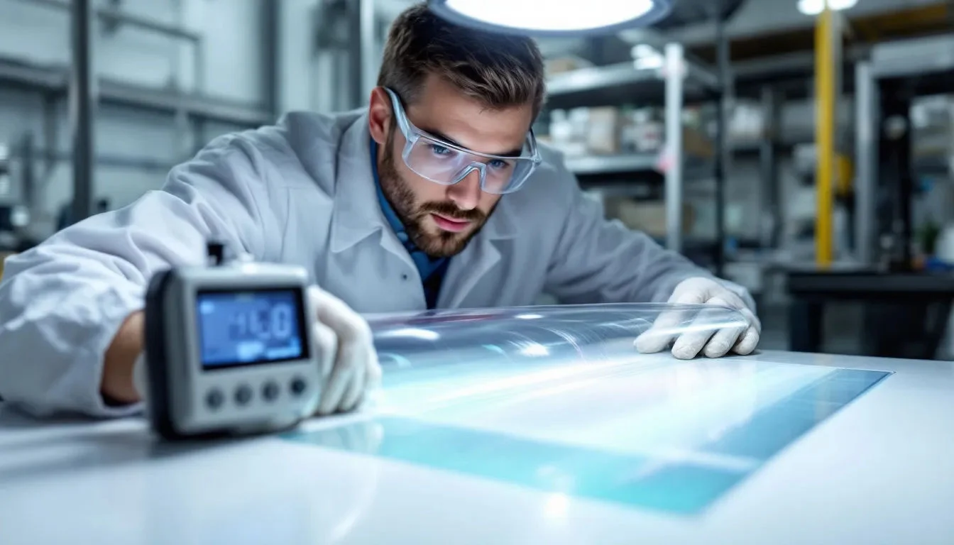 In der Abbildung wird die Qualitätskontrolle und Messung von dünnen Industriefolien, insbesondere von Polyethylennaphthalat-Folien, dargestellt. Zu sehen sind Geräte und Werkzeuge zur Überprüfung der mechanischen Festigkeit und Kälte- und Hitzebeständigkeit der Folien, die in verschiedenen Anwendungen wie Elektrotechnik und Verpackungen eingesetzt werden.