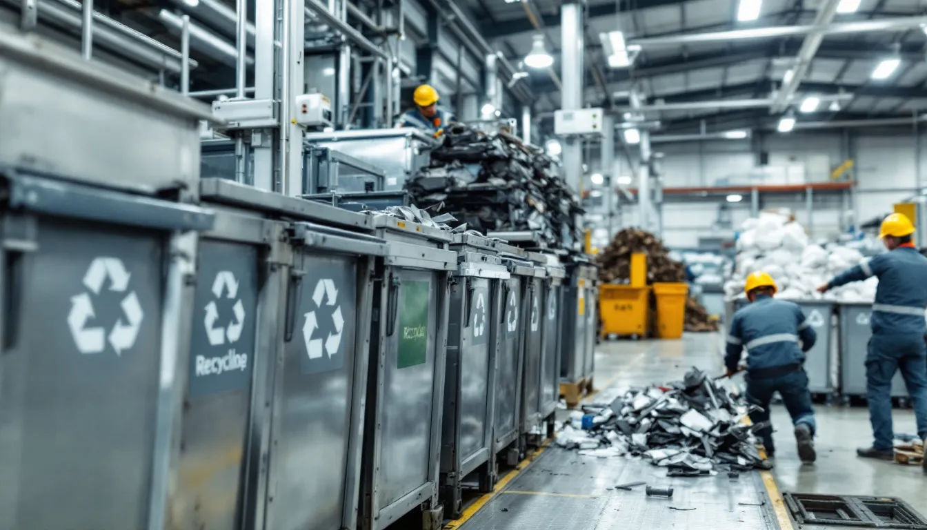 Recycling PEN Folie Das Bild zeigt ein Recycling-Symbol in einer industriellen Umgebung, umgeben von verschiedenen Materialien, die nachhaltige Materialkreisläufe repräsentieren. Besonders sichtbar sind Folien aus Polyethylennaphthalat, die für ihre mechanische Festigkeit und Temperaturresistenz bekannt sind, sowie andere Kunststoffarten, die in der Elektrotechnik Anwendung finden.