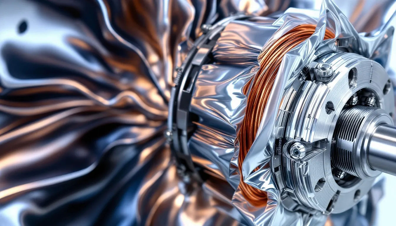 Teonoex Anwendungsbereiche Ein Elektromotor ist abgebildet, der mit hochwertiger Isolierung aus Teonex-Folien ausgestattet ist, um optimale Sicherheit und Gesamtleistung zu gewährleisten. Die Isolationsmaterialien sind entscheidend für die Funktion und Effizienz des Motors in industriellen Anwendungen.