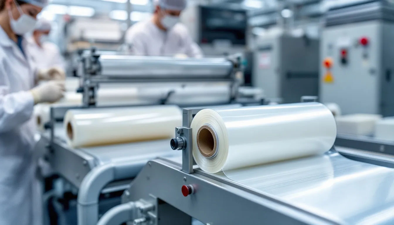 Verarbeitung und Konfektionierung von Teonex® Folien Das Bild zeigt in einer modernen Industrieumgebung die Verarbeitung und Verpackung von Teonex®-Folien. Im Vordergrund stehen verschiedene Arten von PET-Folien und Klebebändern, die in der Verbindungstechnik zum Einsatz kommen.